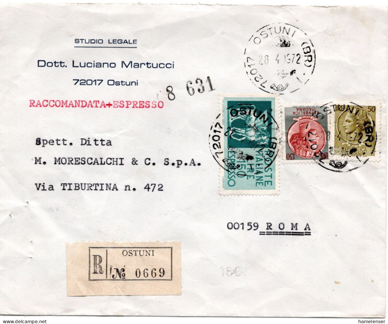 70528 - Italien - 1972 - 150L Eilmarke MiF A R-EilBf OSTUNI -> ROMA TELEGRAFO - 1971-80: Storia Postale