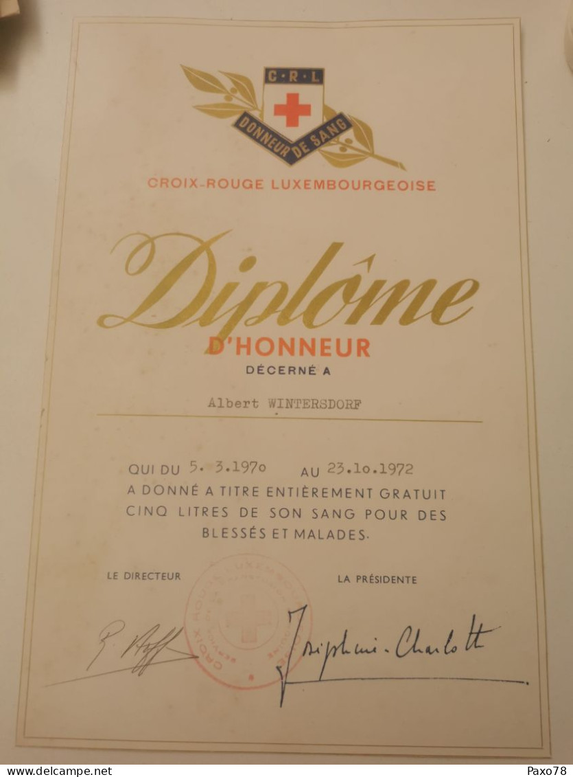 Diplôme Croix Rouge Luxembourgeoise, Signé Par La Grand-Duchesse Josephine Charlotte De Luxembourg - Covers & Documents