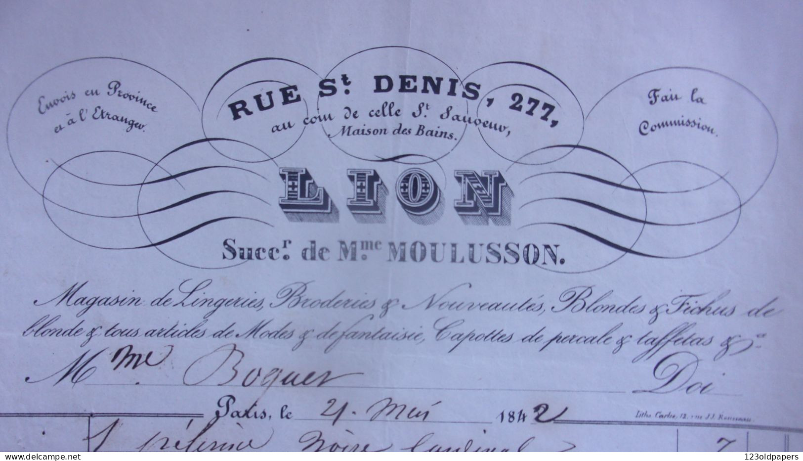 XIX EME 1842 277 RUE SAINT DENIS MAISON DES BAINS LION // MOULUSSON LINGERIES CAPOTTES PERCULE... - 1800 – 1899