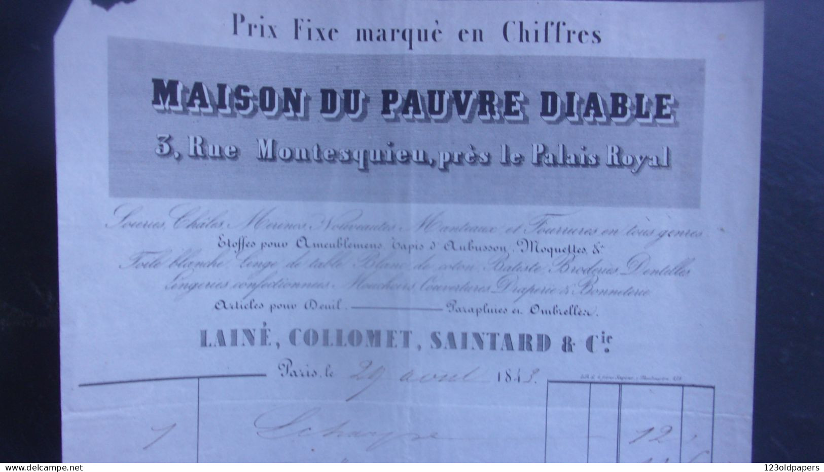 XIX EME 1843 PARIS  3 RUE  MONTESQUIEU PRES PALAIS ROYAL MAISON DU PAUVRE DIABLE  SOIERIES CHALES TAPIS AUBUSSON .. - 1800 – 1899