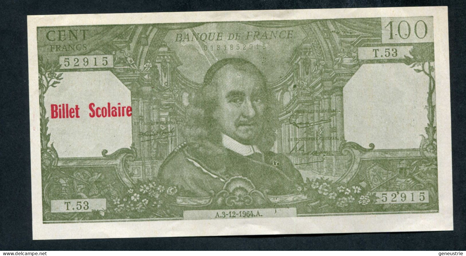 Beau Billet Neuf Scolaire école (100Fr Pierre Corneille) Specimen à Usage Pédagogique - Années 60 - School Bank Note - Fictifs & Spécimens