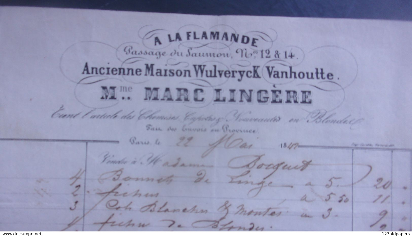 XIX EME 1842 PARIS  12 / 14 PASSAGE DU SAUMON 18 MONTMARTRE MME MARC LINGERE A LA FLAMANDE MAISON WULVERYCK - 1800 – 1899