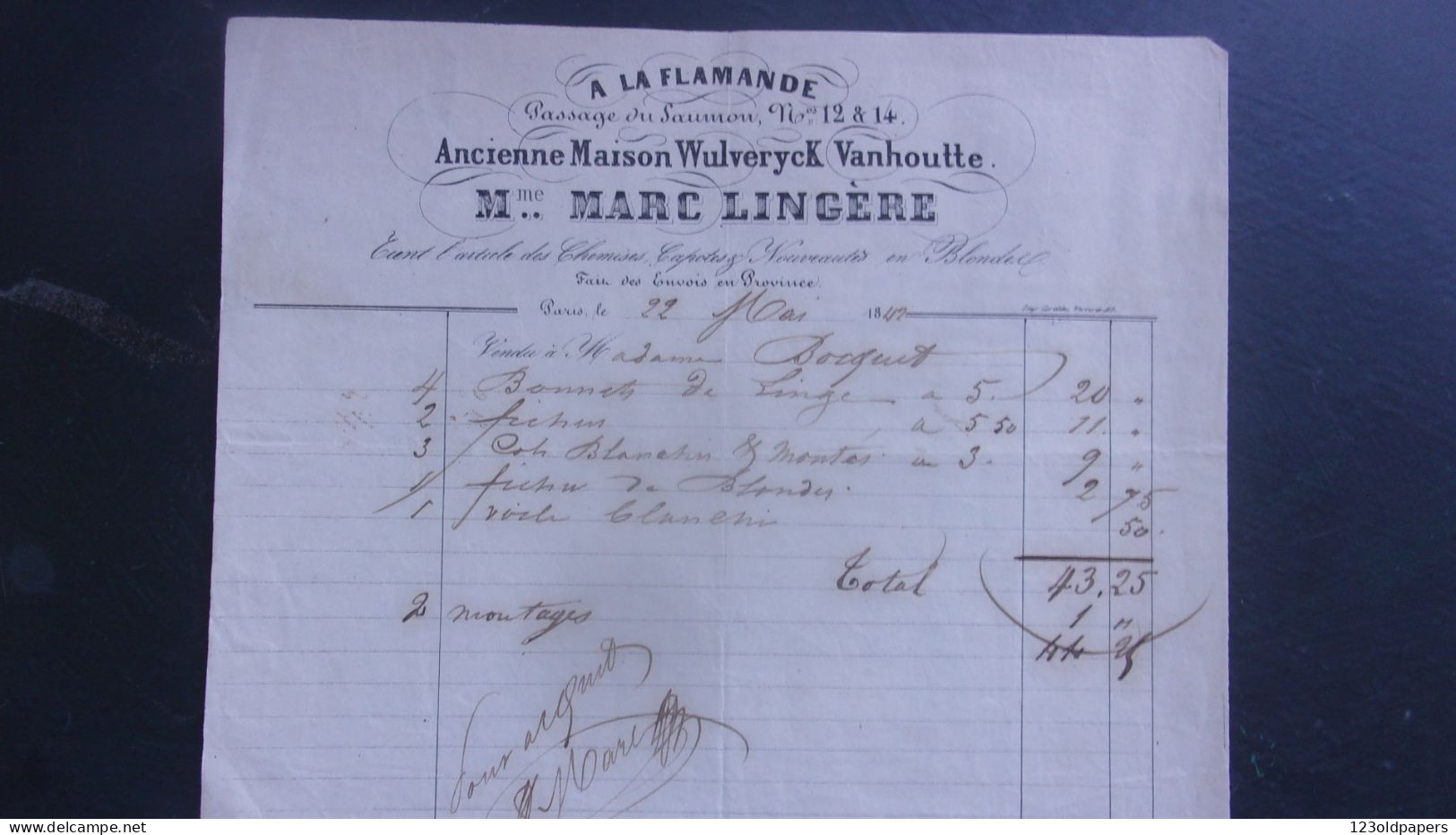 XIX EME 1842 PARIS  12 / 14 PASSAGE DU SAUMON 18 MONTMARTRE MME MARC LINGERE A LA FLAMANDE MAISON WULVERYCK - 1800 – 1899