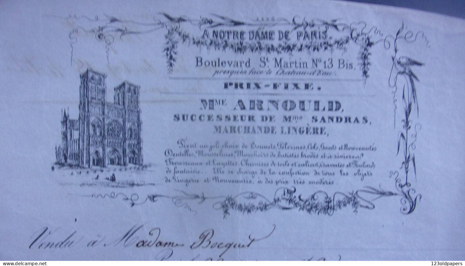 XIX EME 1842 A NOTRE DAME DE PARIS 13 BIS BD ST MARTIN MME ARNOULD MARCHANDE LINGERE BONNETS PELERINES COLS GANTS.. - Petits Métiers