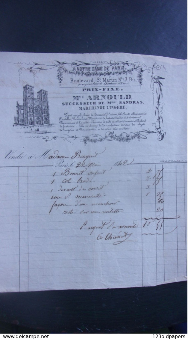 XIX EME 1842 A NOTRE DAME DE PARIS 13 BIS BD ST MARTIN MME ARNOULD MARCHANDE LINGERE BONNETS PELERINES COLS GANTS.. - Old Professions