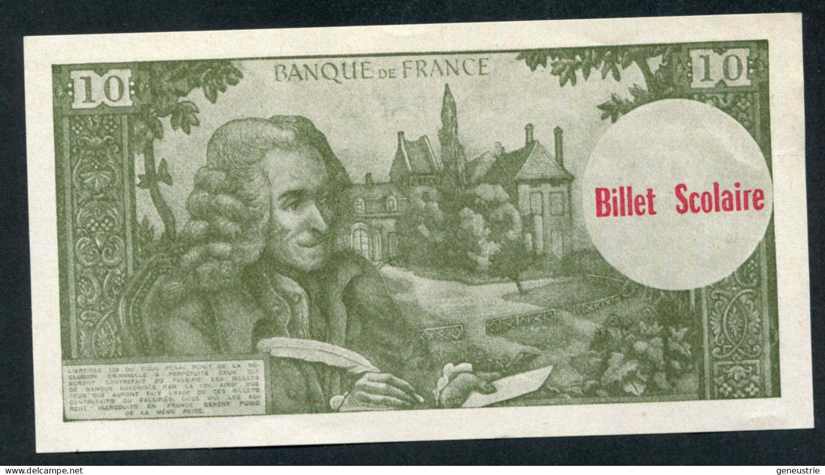 Beau Billet Neuf Scolaire école (10Fr Voltaire) Specimen à Usage Pédagogique - Années 60 - School Bank Note - Fiktive & Specimen