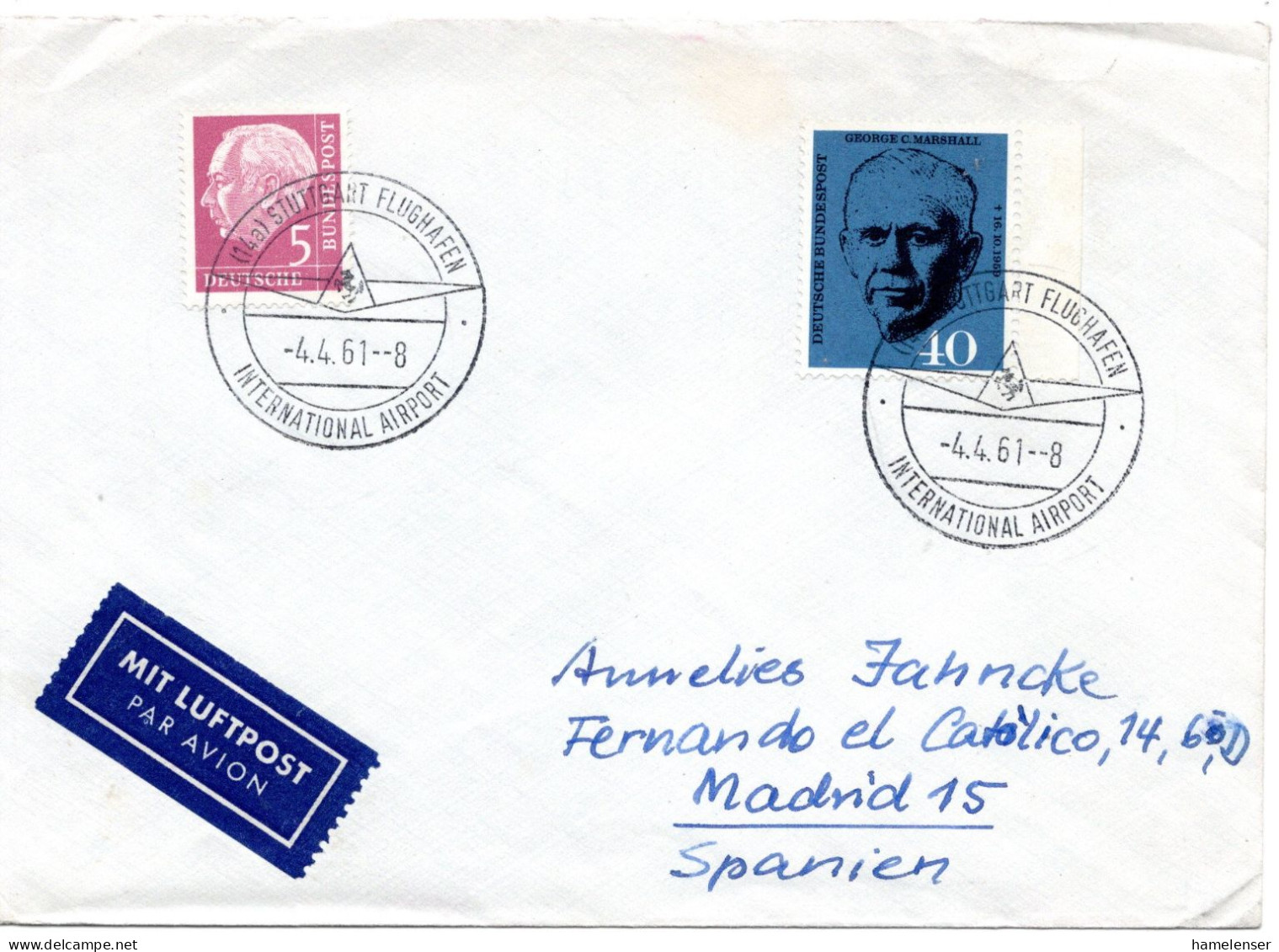 70537 - Bund - 1961 - 40Pfg Marshall MiF A LpBf STUTTGART FLUGHAFEN -> Spanien - Lettres & Documents
