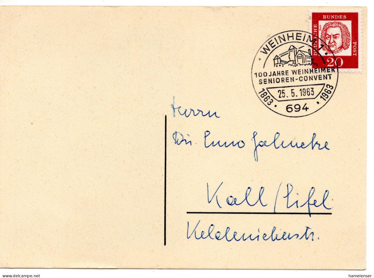 70538 - Bund - 1963 - 20Pfg Bach A SoAnsKte WEINHEIM - ... WEINHEIMER SENIOREN-CONVENT -> Kall - Cartas & Documentos