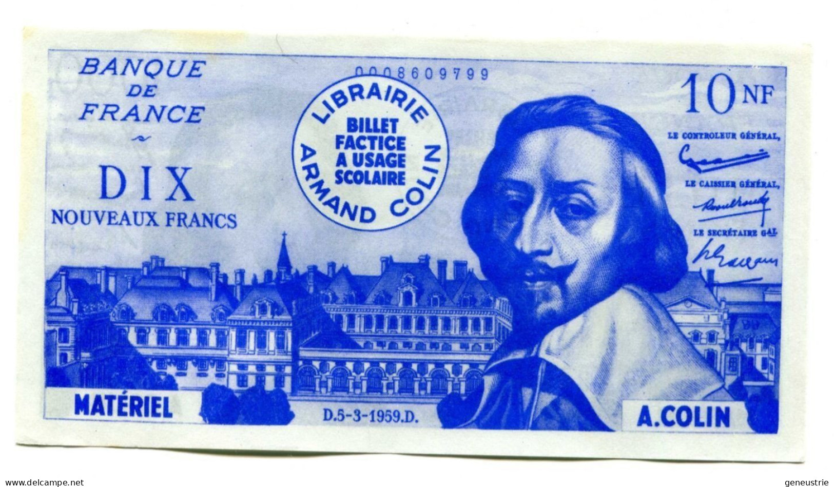 Billet Scolaire école (1000F / 10NF Richelieu) 1959 - Armand Colin - School Bank Note - Fiktive & Specimen