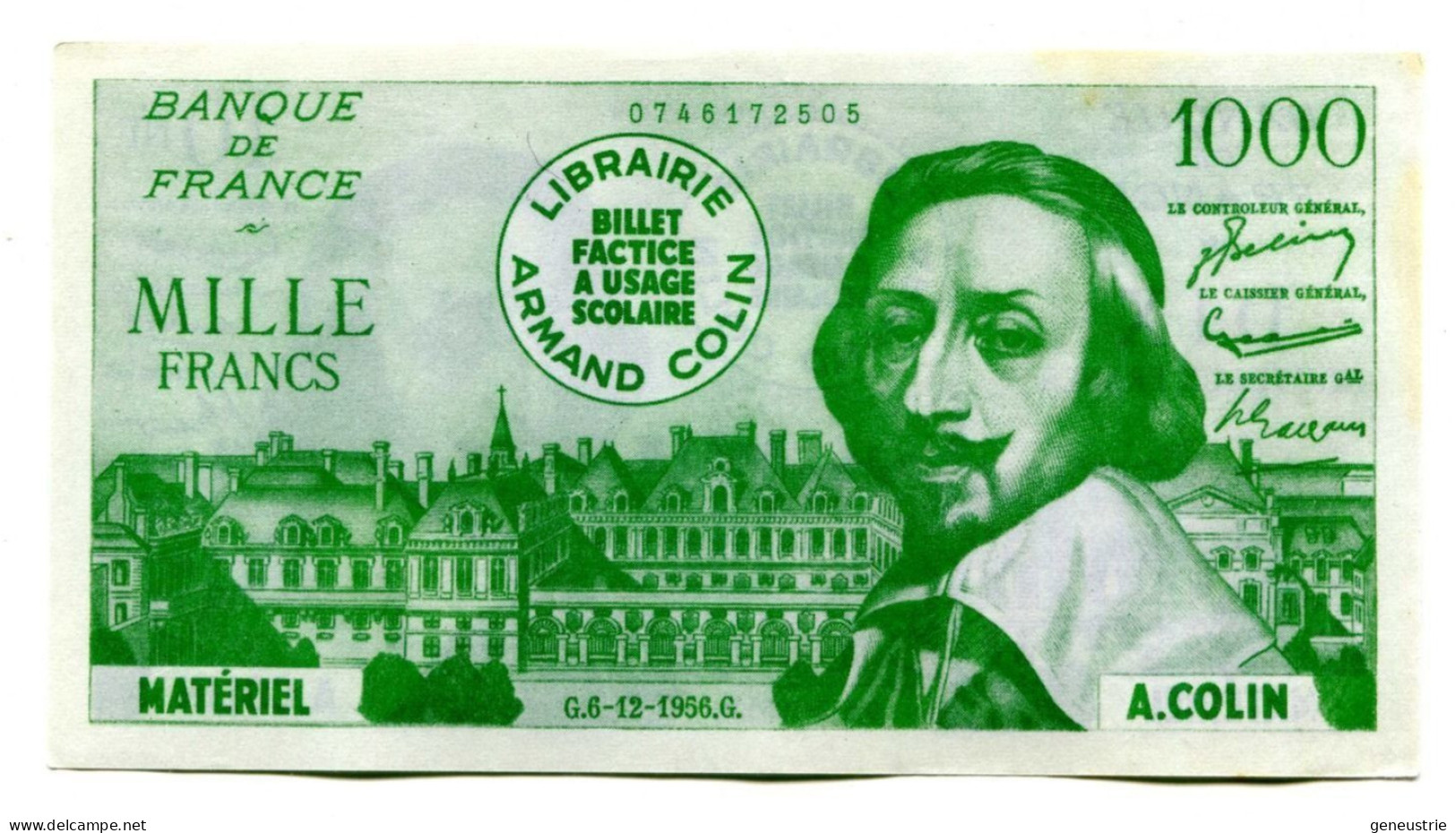 Billet Scolaire école (1000F / 10NF Richelieu) 1959 - Armand Colin - School Bank Note - Specimen