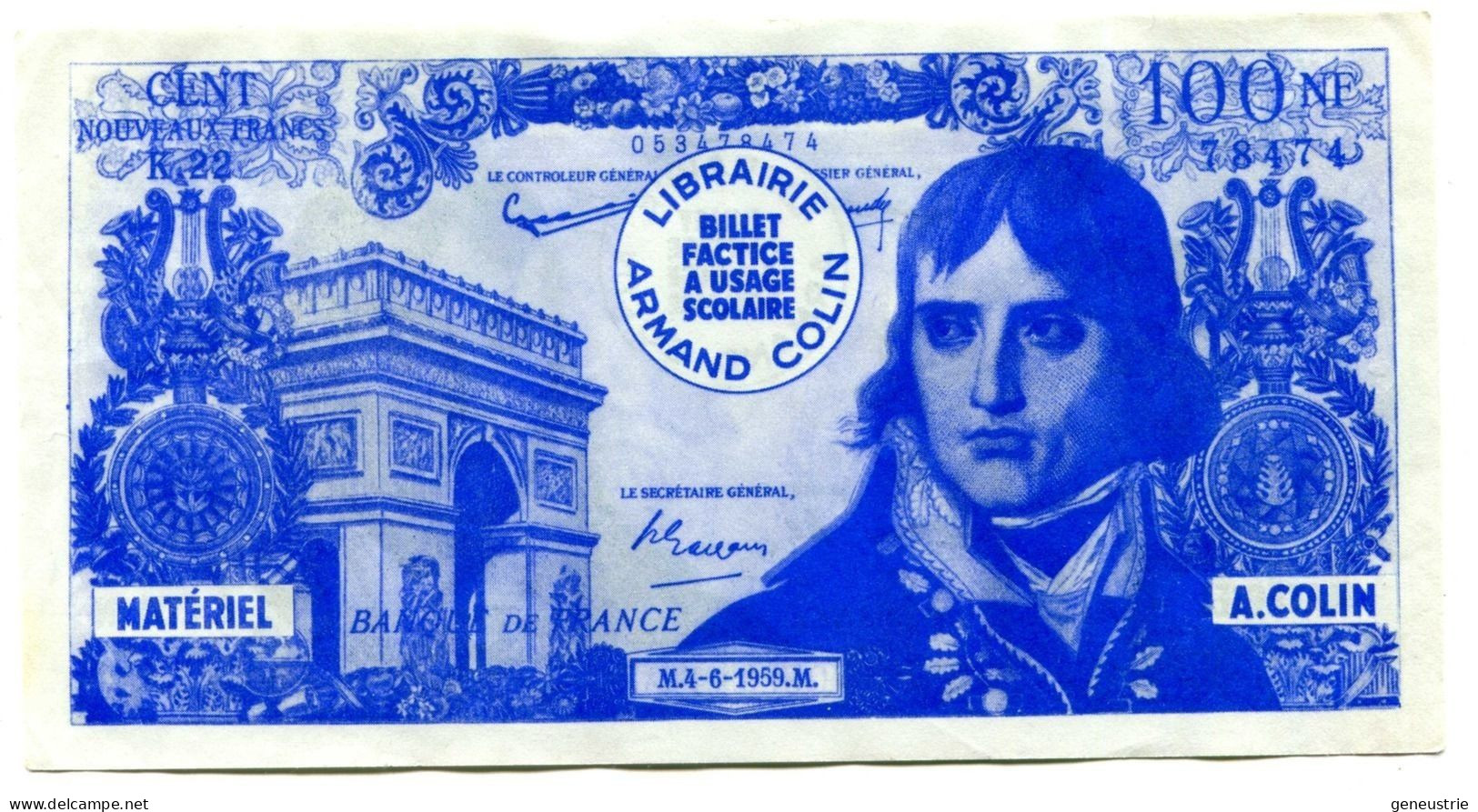 Billet Scolaire école (10000F / 100F Bonaparte) 1959 - Armand Colin - School Bank Note - Fictifs & Spécimens