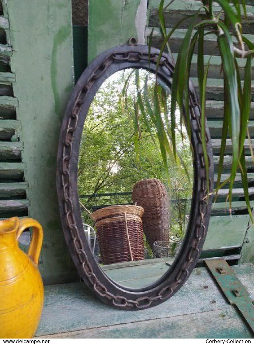 Miroir Ovale Fer Forgé Décor Chaine Design Brutaliste Vintage. - Autres & Non Classés