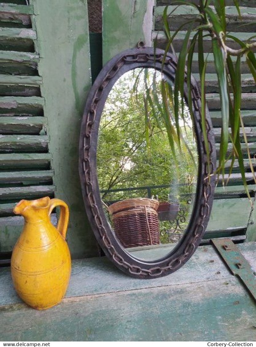 Miroir Ovale Fer Forgé Décor Chaine Design Brutaliste Vintage. - Autres & Non Classés