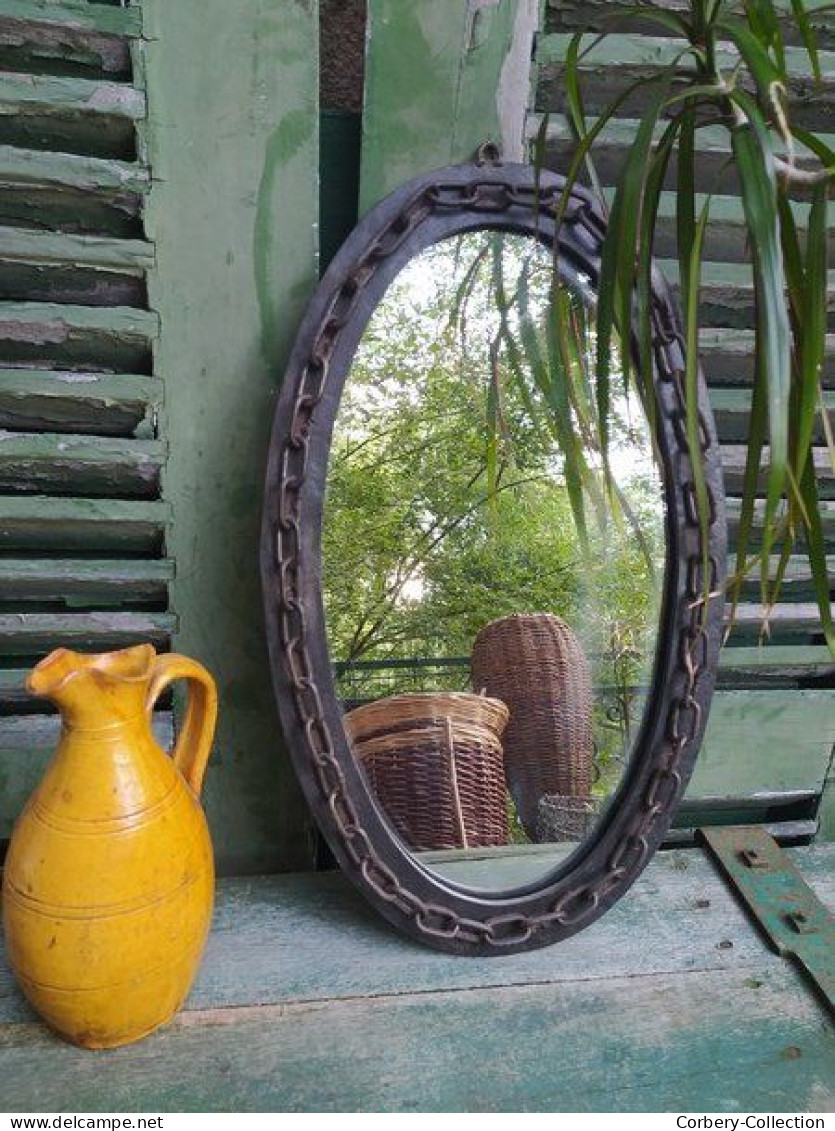 Miroir Ovale Fer Forgé Décor Chaine Design Brutaliste Vintage. - Andere & Zonder Classificatie