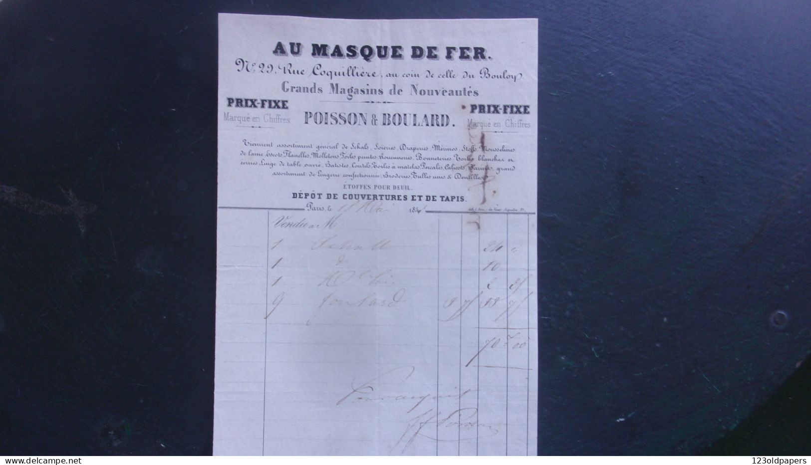 XIX EME 1841 PARIS 29 RUE COQUILLIERE COIN RUE DU BOULOY AU MASQUE DE FER POISSON BOULARD NOUVEAUTES - 1800 – 1899