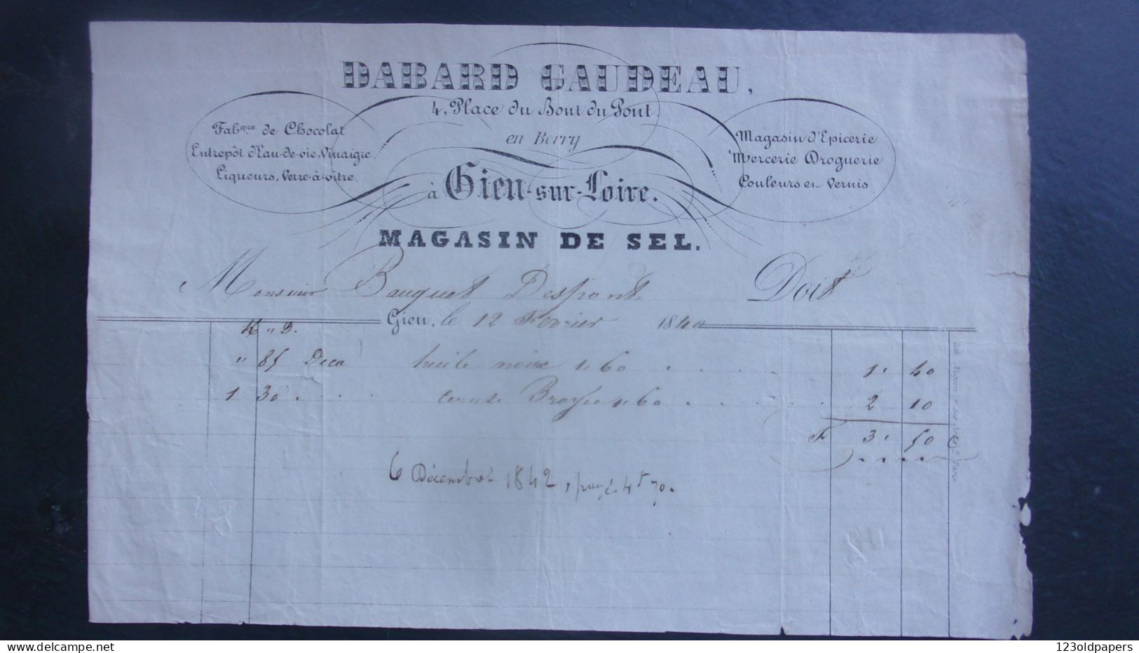 1840 GIEN SUR LOIRE DABARD GAUDEAU 4 PLACE DU BOUT DU PONT EN BERRY FABRIQUE CHOCOLAT MAGASIN DE SEL ... - 1800 – 1899