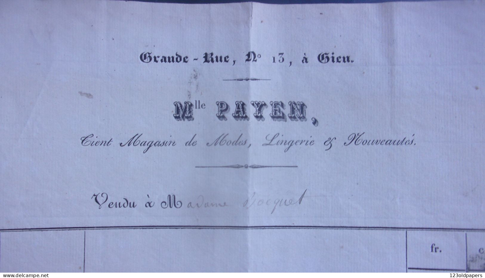 1840 GIEN MELLE PAYEN 13 GRANDE RUE TIENT MAGASIN MODES LINGERIES NOUVEAUTES - 1800 – 1899