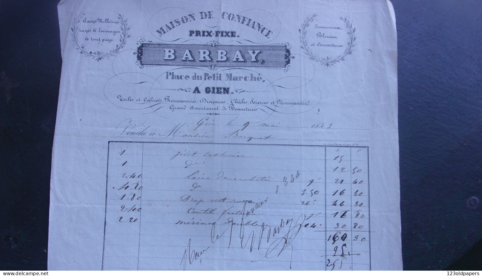 1843 GIEN BARBAY PLACE DU PETIT MARCHE TOILES CALICOT ROUENNERIES DRAPERIES.. - 1800 – 1899