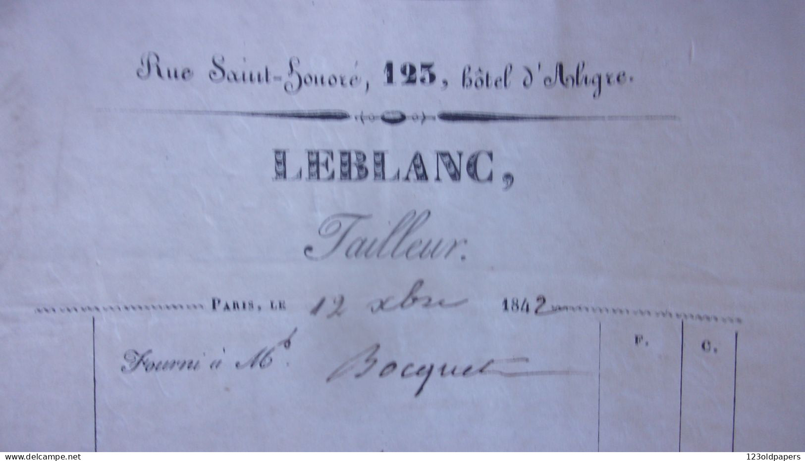 1842  PARIS 123 RUE SAINT HONORE HOTEL D ALIGRE LEBLANC TAILLEUR - 1800 – 1899