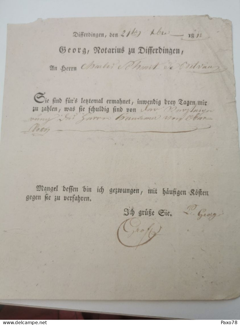 Lettre Notaire , Georg Notarius Zu Differdingen 1813. Belvaux - ...-1852 Préphilatélie
