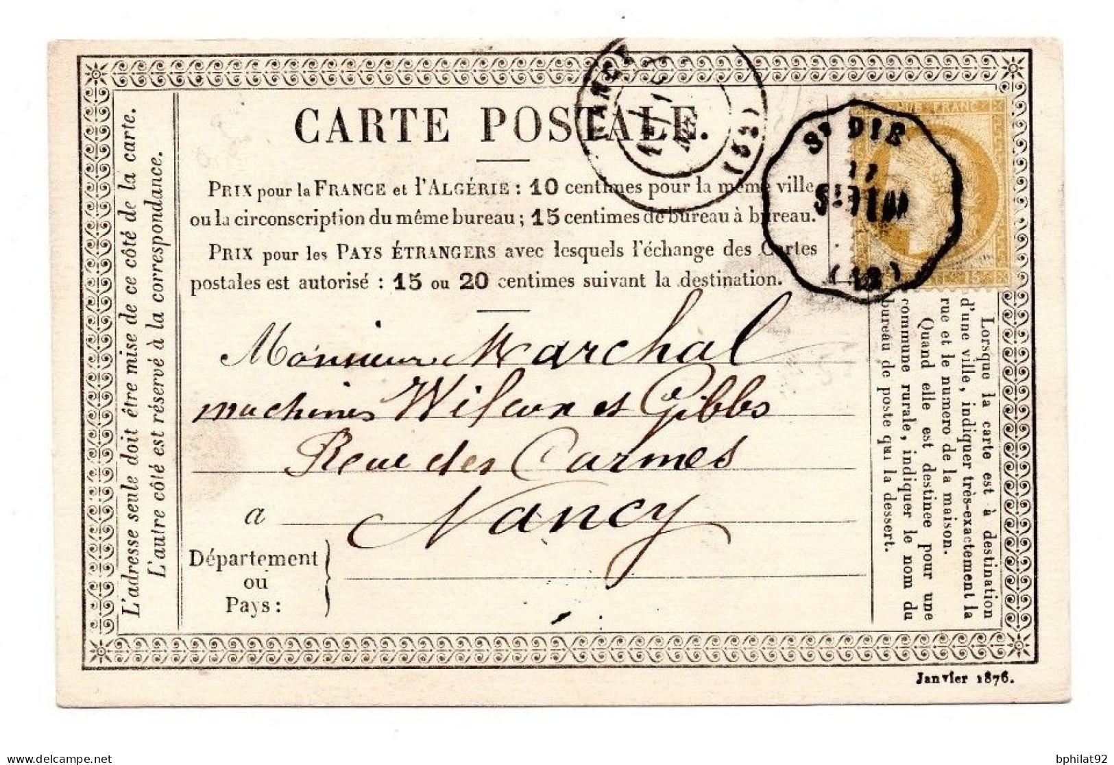 !!! CARTE PRECURSEUR CERES CACHET CONVOYEUR STATION ST DIE - Cartes Précurseurs