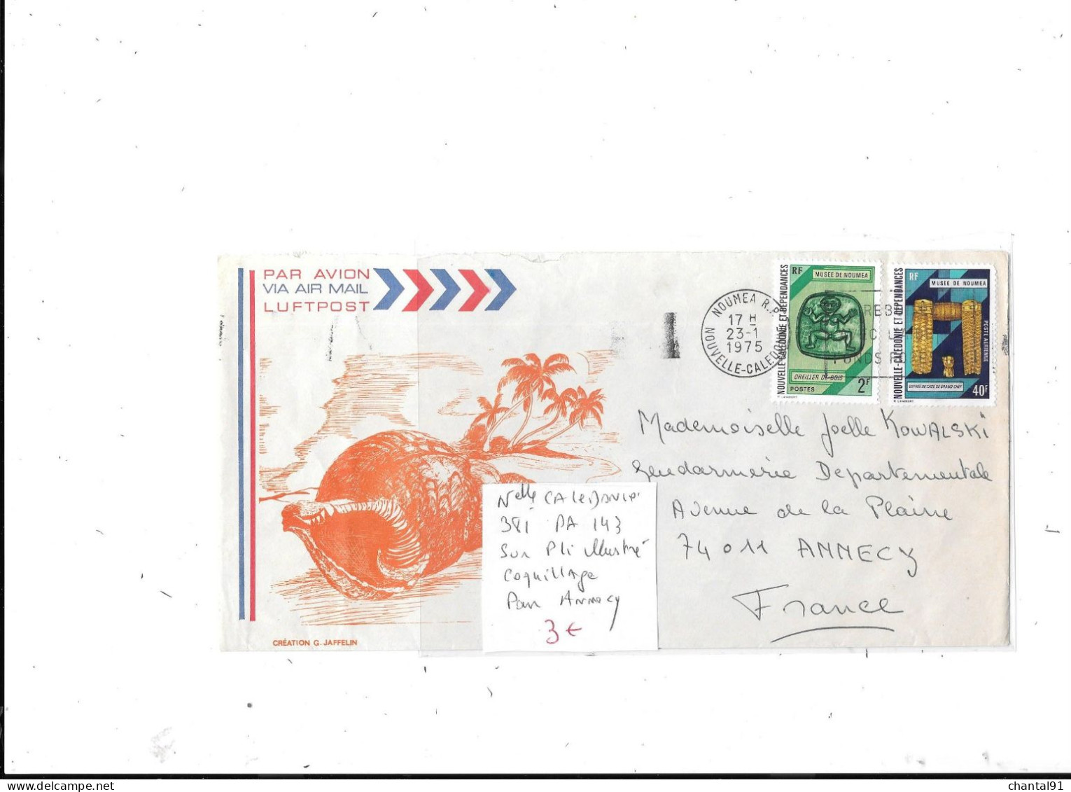 NOUVELLE CALEDONIE N° 381 ET PA 143 OBL SUR PLI ILLUSTRE COQUILLAGE POUR ANNECY - Cartas & Documentos