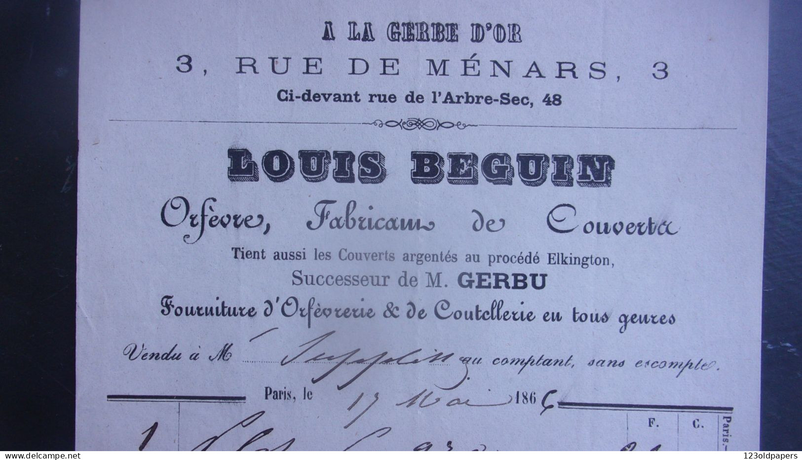1866  PARIS 3 RUE DE MENARS CI DEVANT RUE ARBRE SEC LOUIS BEGUIN ORFEVRE FABRICANT DE COUVERTS - 1800 – 1899