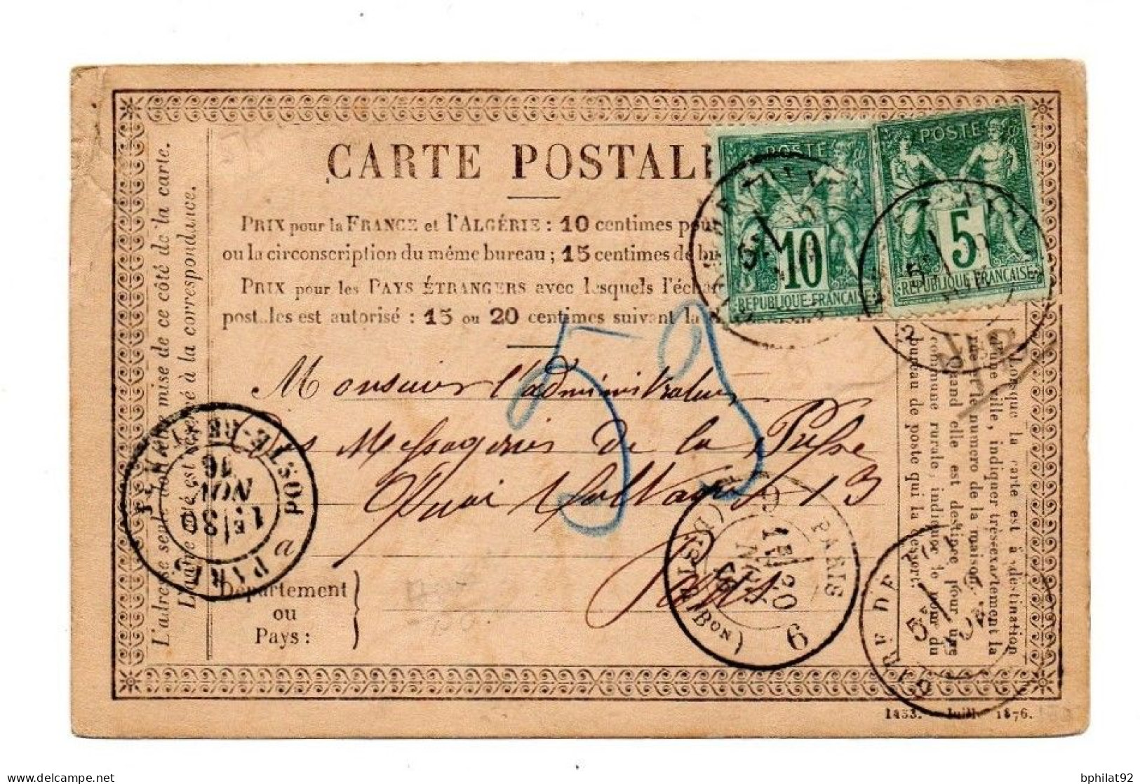 !!! CARTE PRECURSEUR DE 1876 AFFRANCH 10C + 5C TYPE SAGE - Cartes Précurseurs