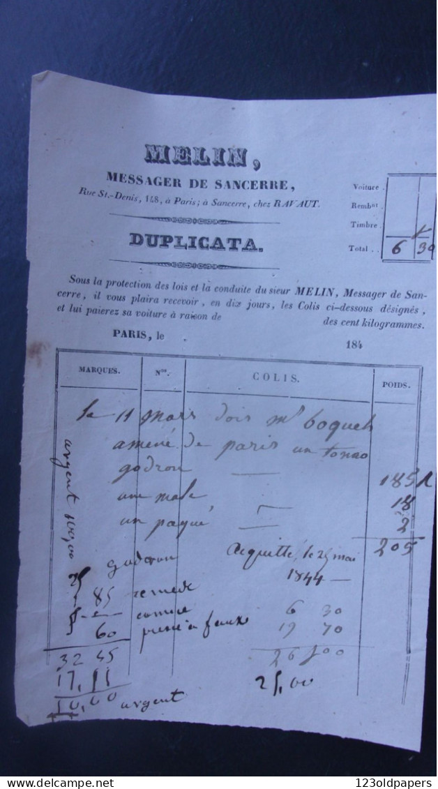1840 MELIN MESSAGER DE SANCERRE RUE ST DENIS A PARIS  CHEZ RAVAUT A SANCERRE - 1800 – 1899