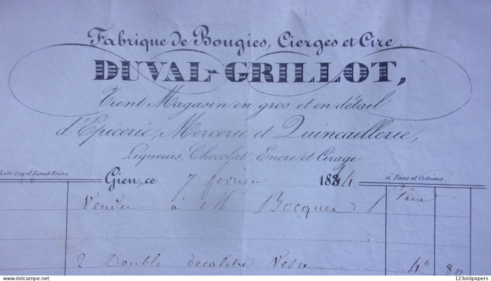 1844 GIEN FABRIQUE BOUGIES CIERGES CIRE DUVAL GRILLOT CHOCOLAT LIQUEUR CIRAGE ENCRE - 1800 – 1899
