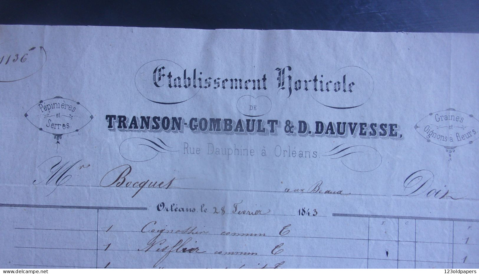1843 ORLEANS ETABLISSEMENT HORTICOLE TRANSON COMBAULT DAUVESSE  RUE DAUPHINE - 1800 – 1899
