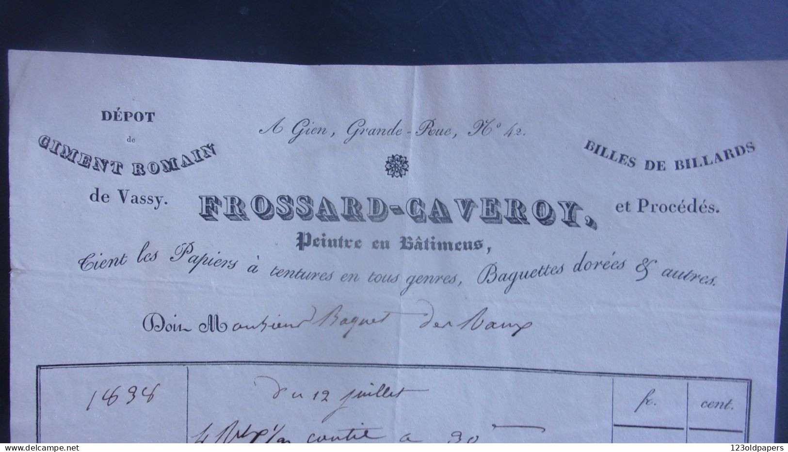 1838 GIEN FROSSARD CAVEROY BILLES DE BILLARD CIMENT ROMAIN DE VASSY PEINTRE PAPIERS A TENTURES - 1800 – 1899
