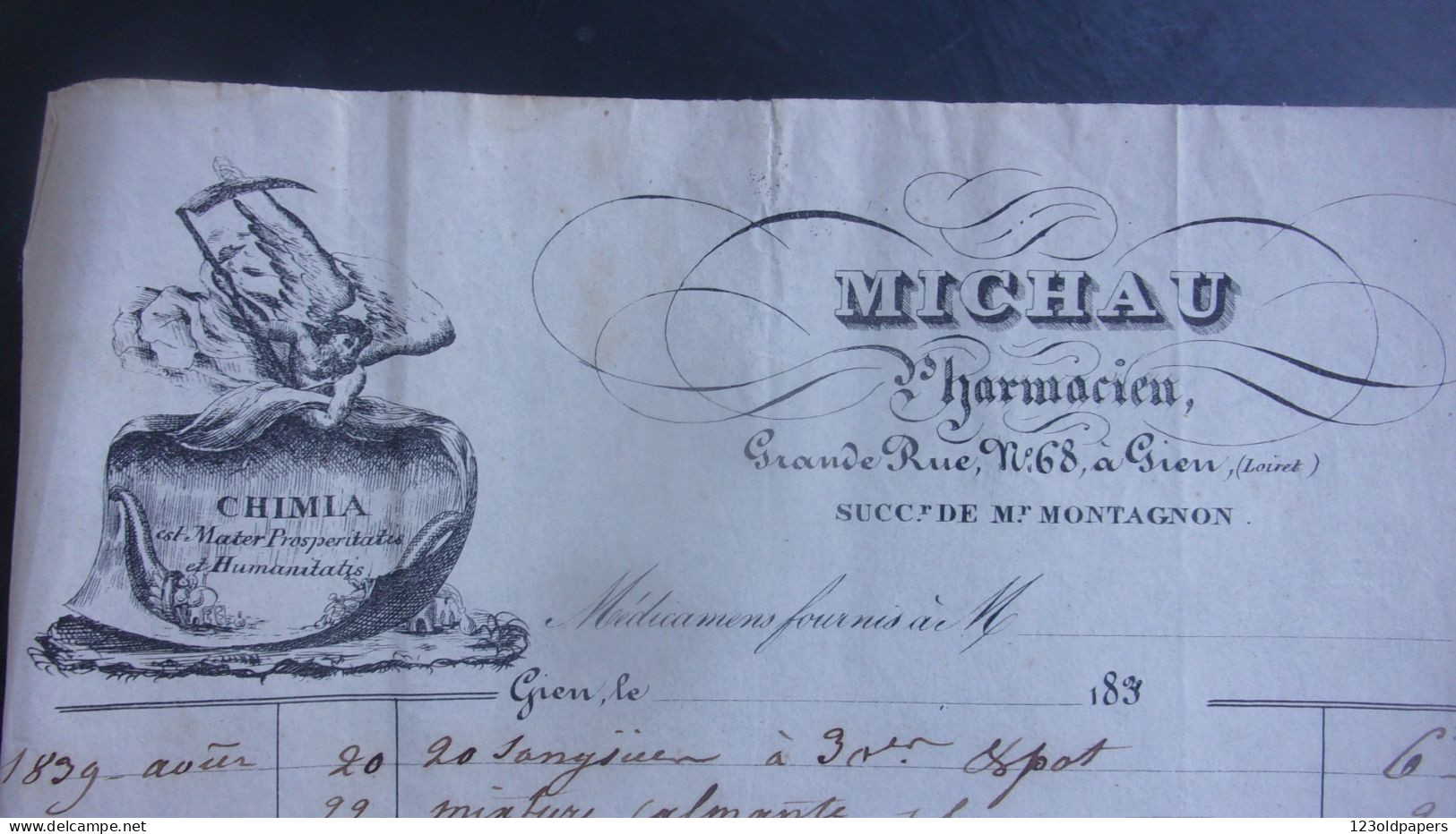 1839 GIEN  MICHAU PHARMACIEN GIEN 68 GRANDE RUE  SUCC DE MR MONTAGNON - 1800 – 1899