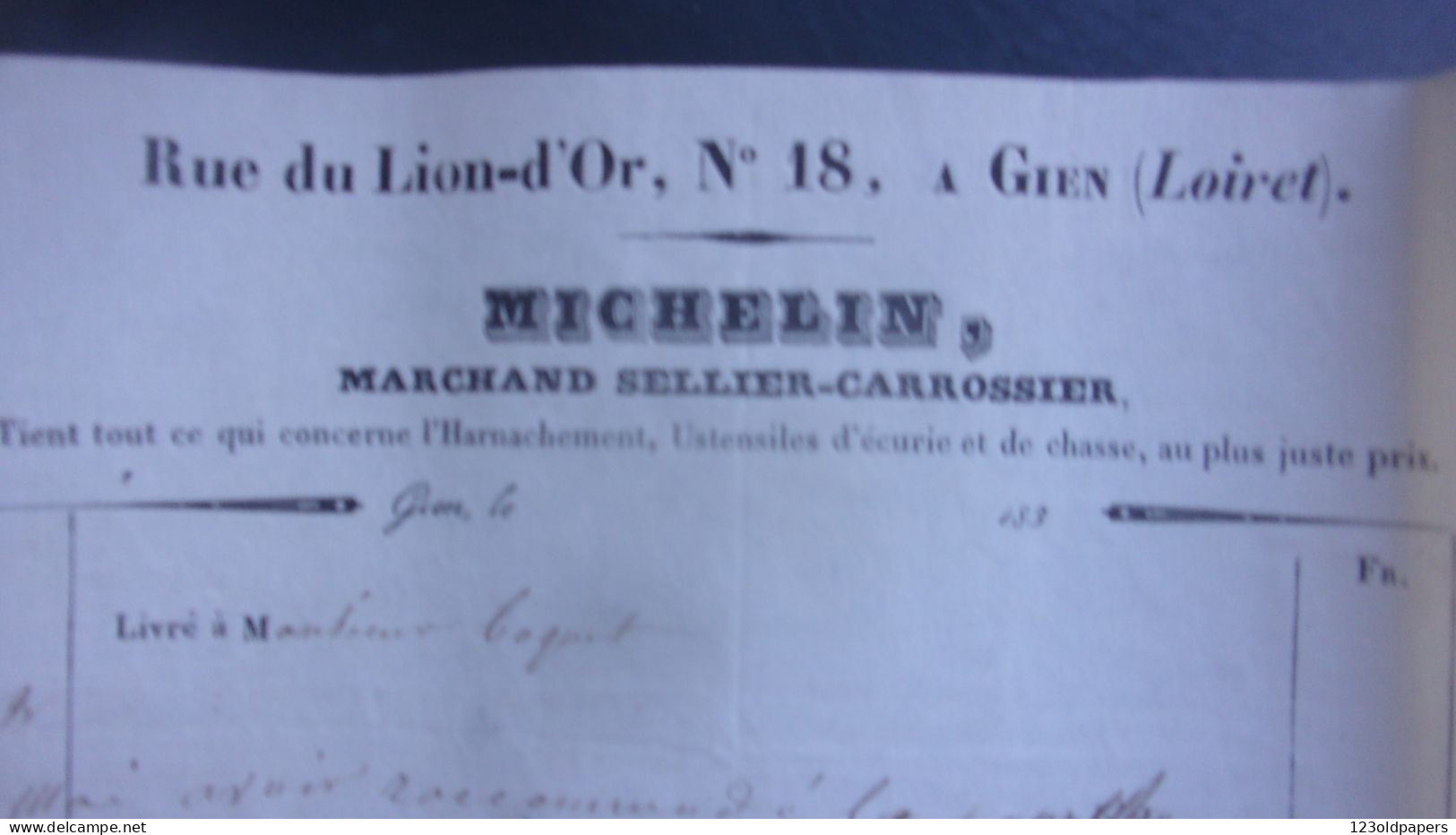 1839 GIEN MICHELIN MARCHAND SELLIER CARROSSIER 18 RUE LION D OR - 1800 – 1899