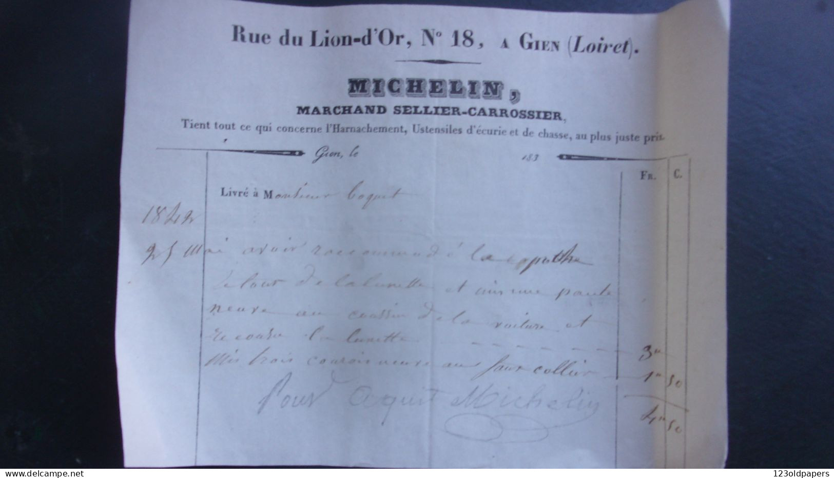 1839 GIEN MICHELIN MARCHAND SELLIER CARROSSIER 18 RUE LION D OR - 1800 – 1899