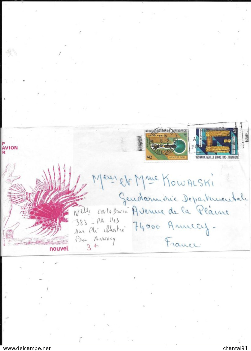 NOUVELLE CALEDONIE N° 383 ET PA 143 OBL SUR PLI ILLUSTRE POUR ANNECY - Cartas & Documentos