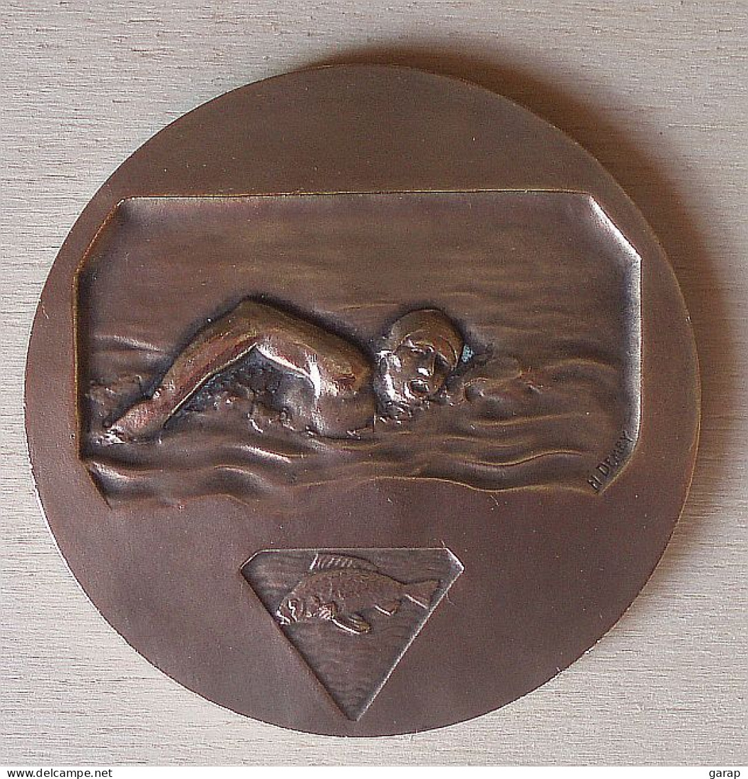 D3-527 Médaille Bronze Signée H.Demey Natation,diamètre=49mm/50mm,poids=55,60g - Nuoto