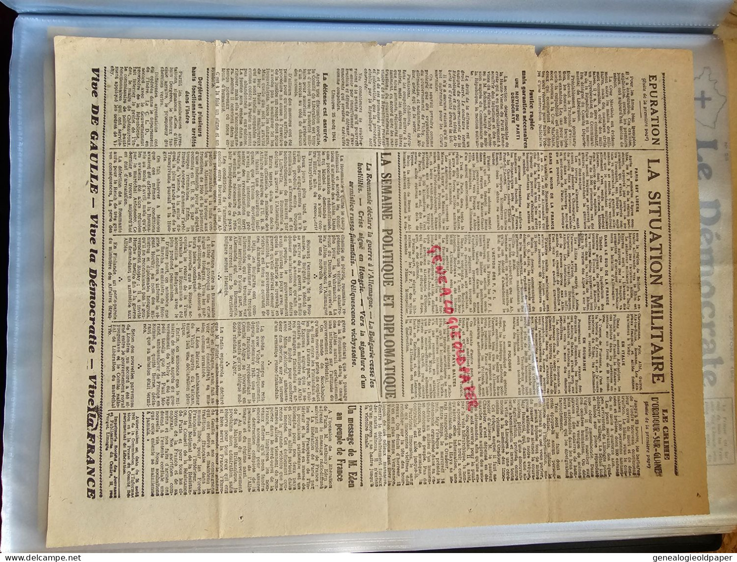 87-LIMOGES-ORADOUR GLANE-GUERRE 1939-1945- RARE JOURNAL LE DEMOCRATE 31 AOUT 1944- LIBERATION EPURATION-PARIS LIBERE - Documents Historiques