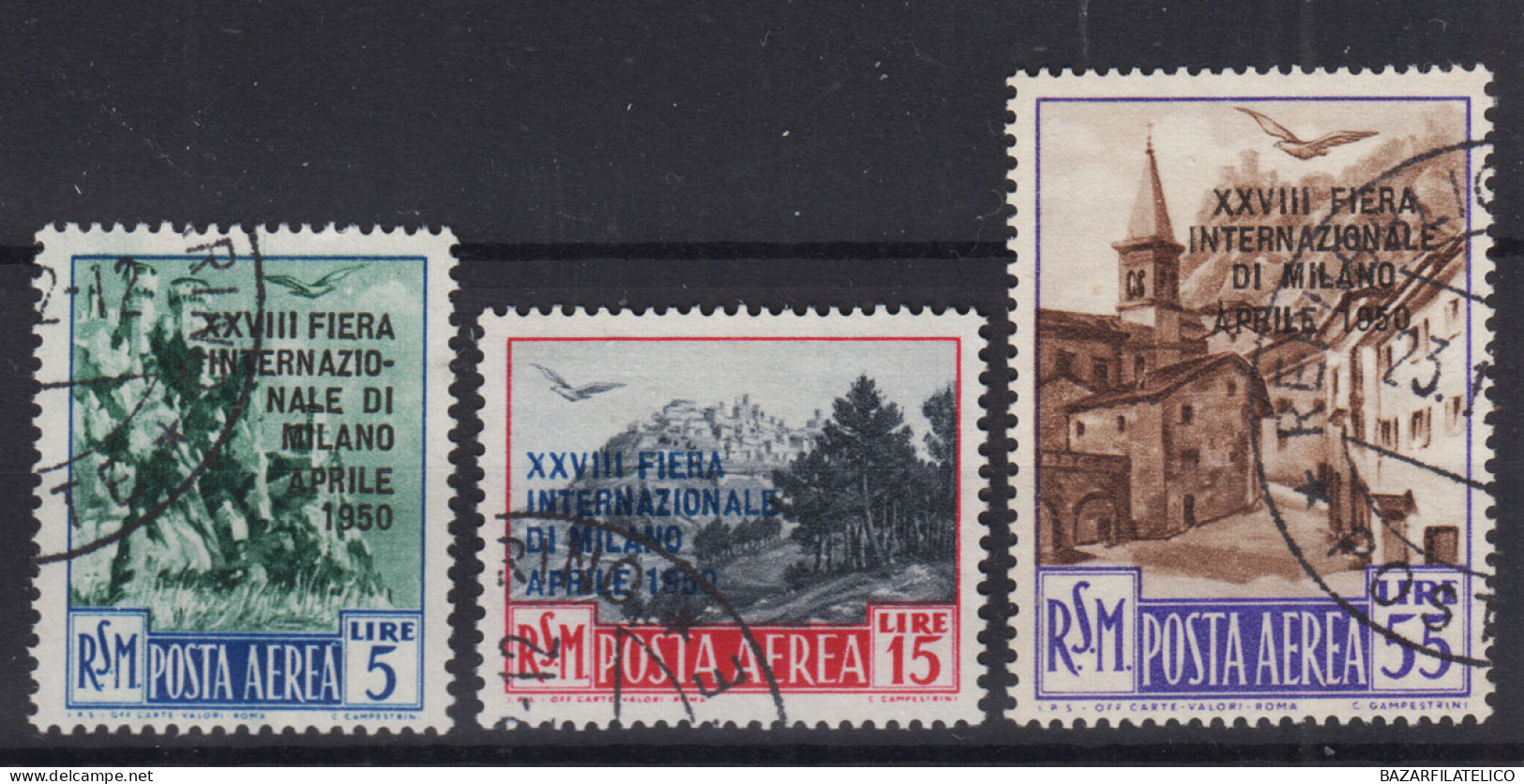 SAN MARINO 1950 POSTA AEREA XXVIII FIERA DI MILANO 3 V. USATI - Used Stamps