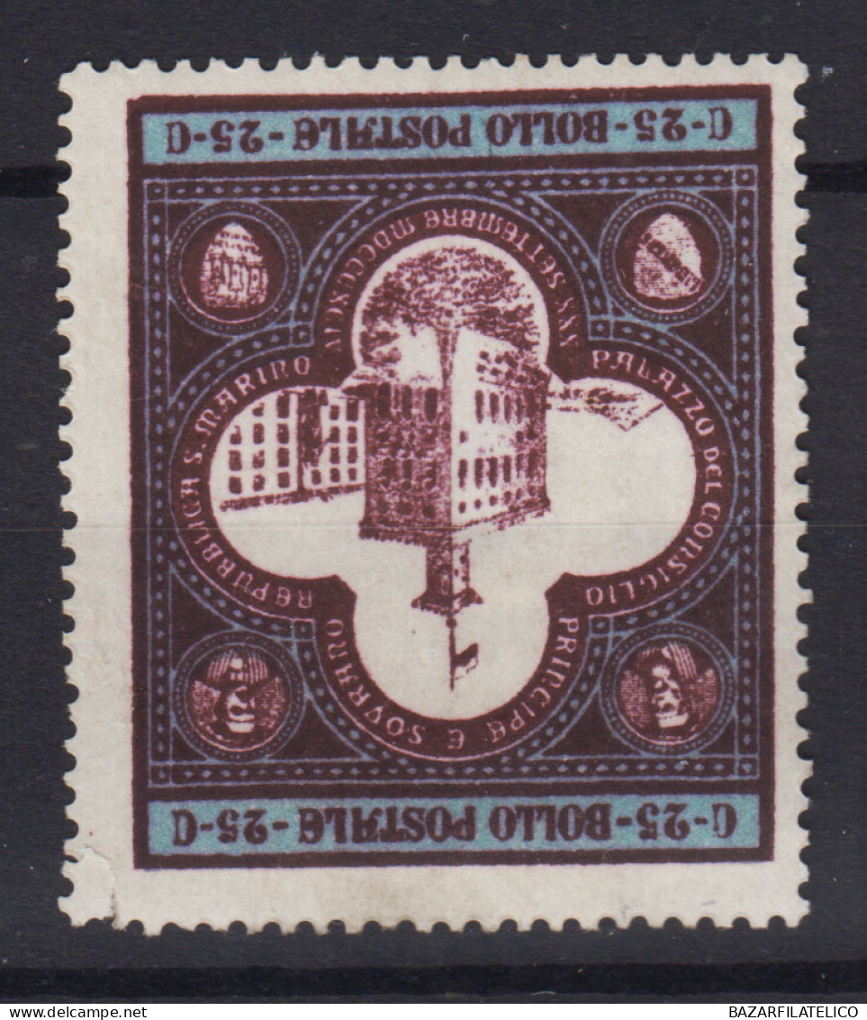 SAN MARINO 1894 PALAZZO DEL GOVERNO 25 CENTESIMI N.24 G.O MH* CENTRATO DIFETTOSO - Ongebruikt