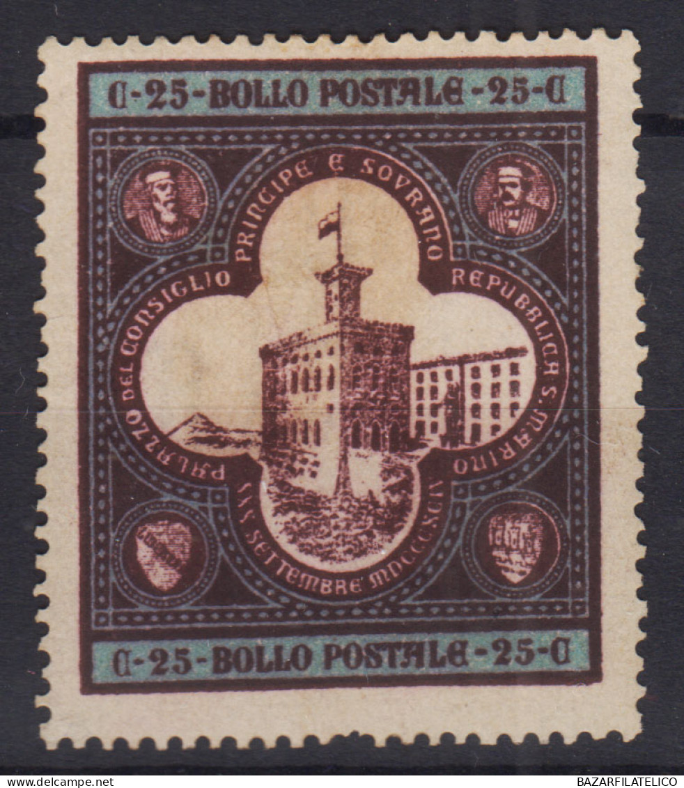 SAN MARINO 1894 PALAZZO DEL GOVERNO 25 CENTESIMI N.24 G.O MH* CENTRATO DIFETTOSO - Ongebruikt