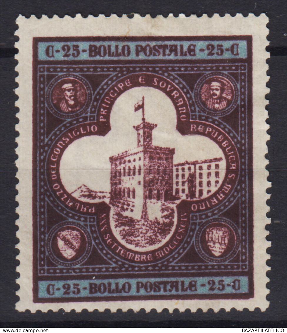 SAN MARINO 1894 PALAZZO DEL GOVERNO 25 CENTESIMI N.24 G.O MH* CENTRATO - Unused Stamps