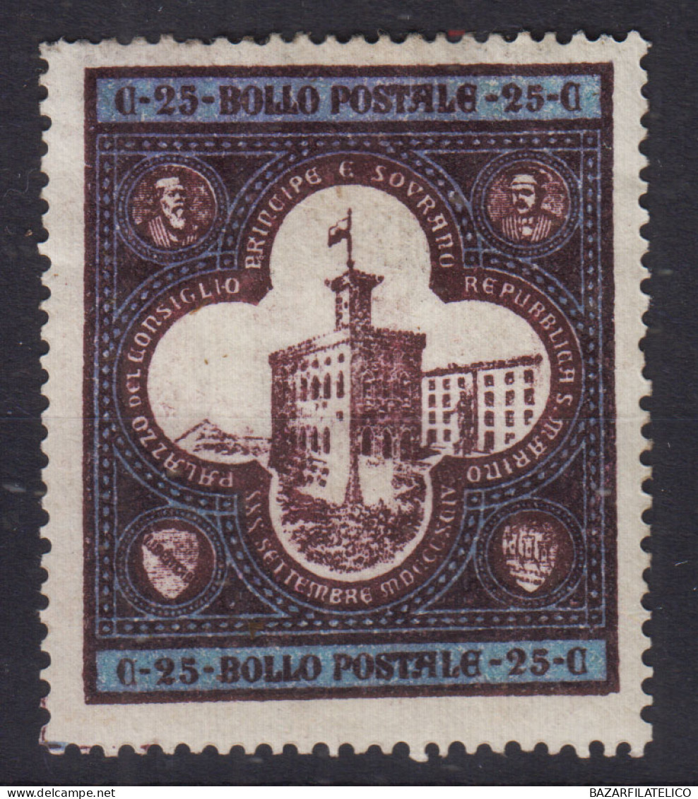 SAN MARINO 1894 PALAZZO DEL GOVERNO 25 CENTESIMI N.24 G.O MH* MANCANZA DI GOMMA - Neufs