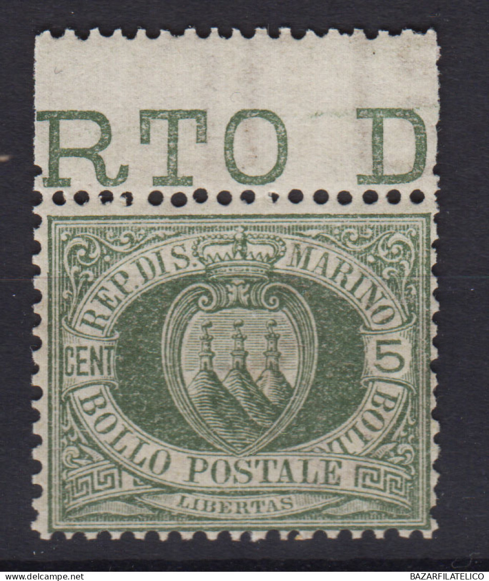 SAN MARINO 1892-94 STEMMA 5 CENTESIMI N.13 G.I MNH** BEN CENTRATO BORDO FOGLIO - Nuovi