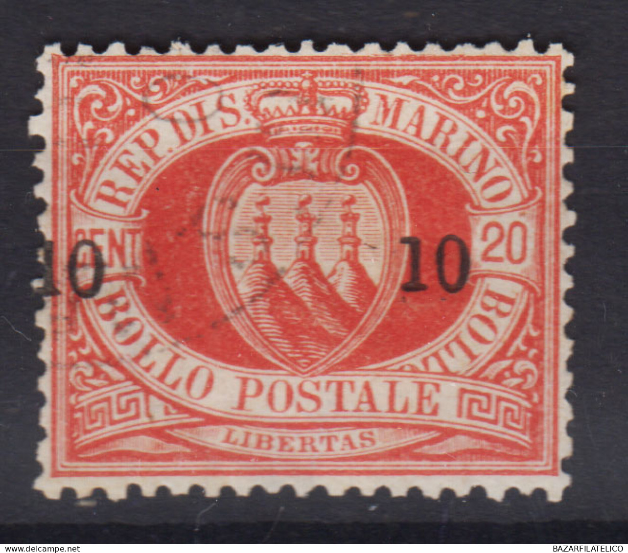 SAN MARINO 1892 STEMMA 10 C. SU 20 C. N.11 USATO BEN CENTRATO - Unused Stamps