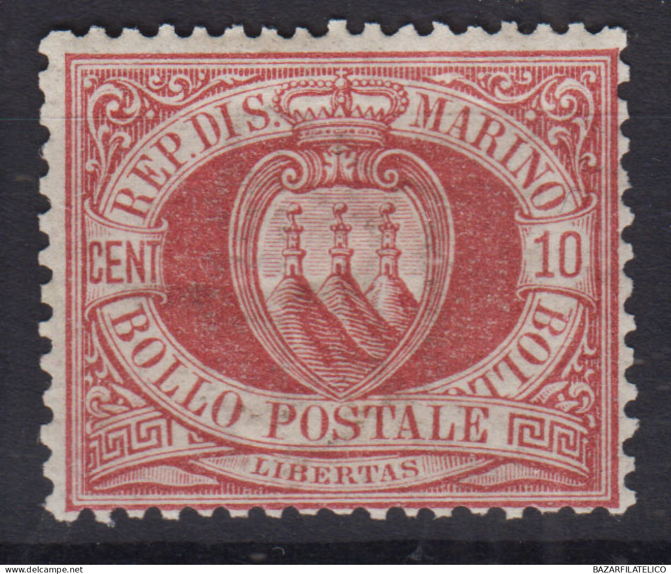 SAN MARINO 1894-99 STEMMA 10 CENTESIMI N.28 G.I MNH** BEN CENTRATO - Unused Stamps