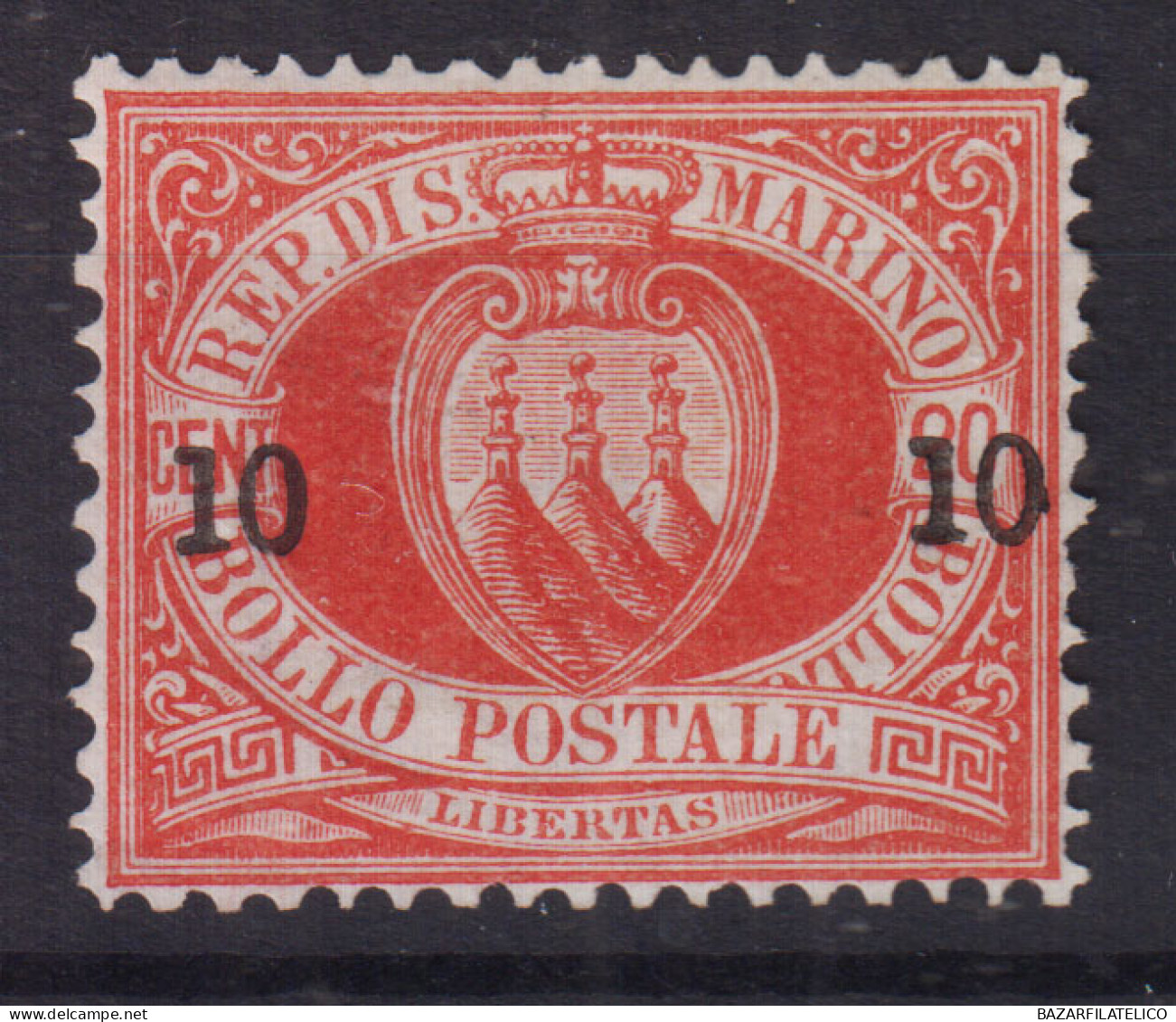 SAN MARINO 1892 STEMMA 10 C. SU 20 C. N.11 G.O MLH* BEN CENTRATO - Ongebruikt