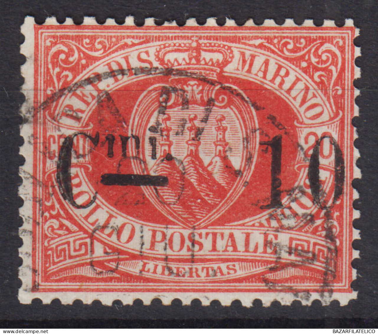 SAN MARINO 1892 STEMMA 10 C. SU 20 C. N.10 USATO - Unused Stamps