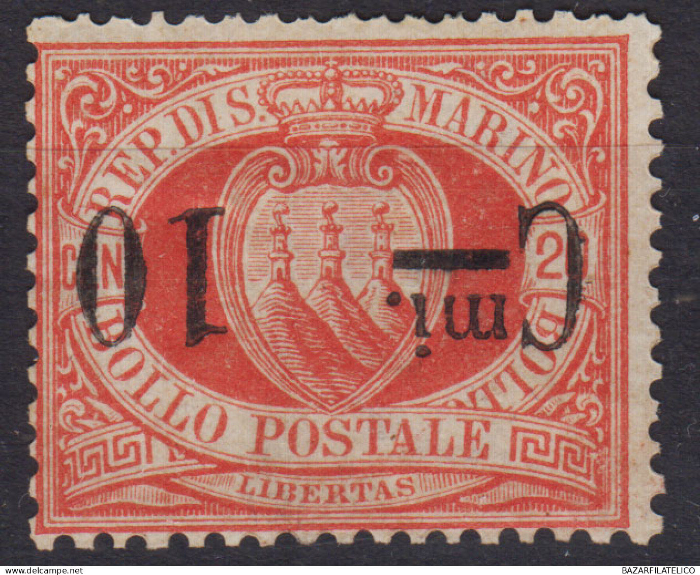 SAN MARINO 1892 STEMMA 10 C. SU 20 C. VARIETA' SOPR. CAPOVOLTA N.10a G.O MH* - Nuevos