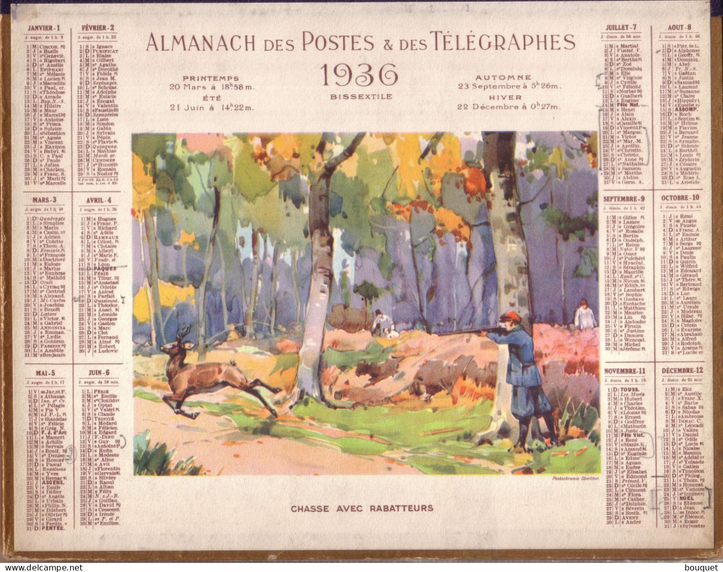 CALENDRIERS - LOIRE , CALENDRIER 1936 - ALMANACH DES POSTES ET DES TELEGRAPHES - CHASSE AVEC RABATTEURS - Tamaño Grande : 1921-40